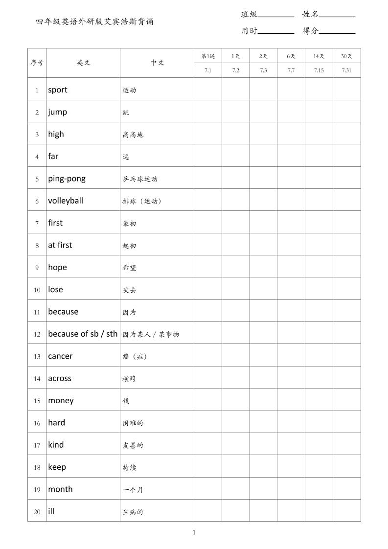 四年级英语外研版艾宾浩斯背诵-四上英语-伏羲SAAS