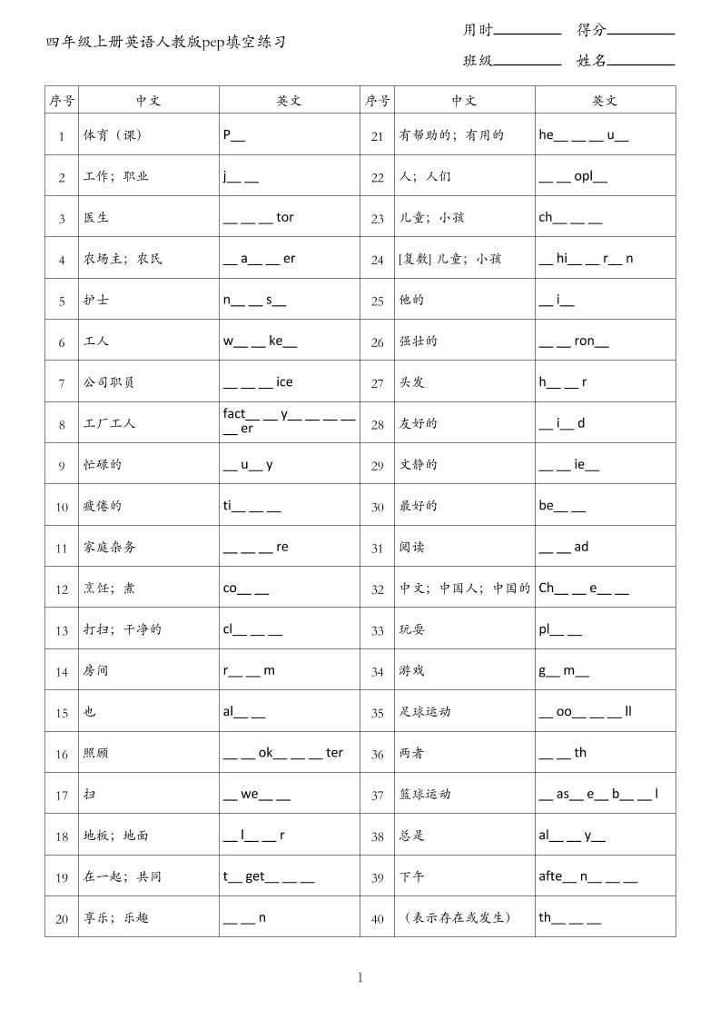 四年级上册英语人教版pep填空练习-伏羲SAAS