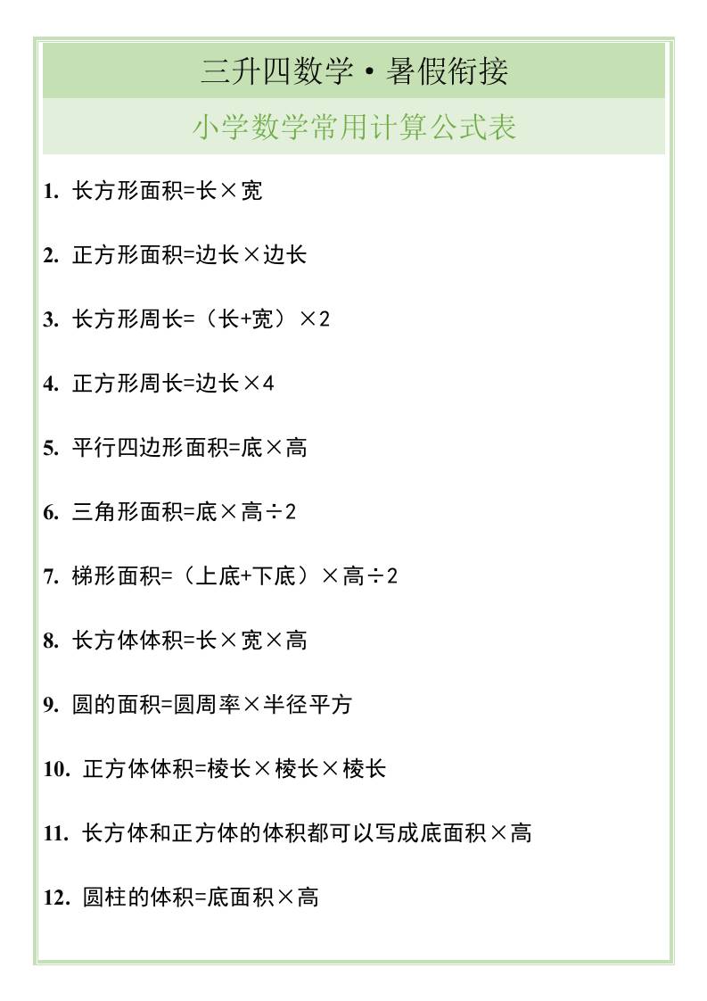 三升四暑假衔接，小学数学常用计算公式表-四上数学-伏羲SAAS