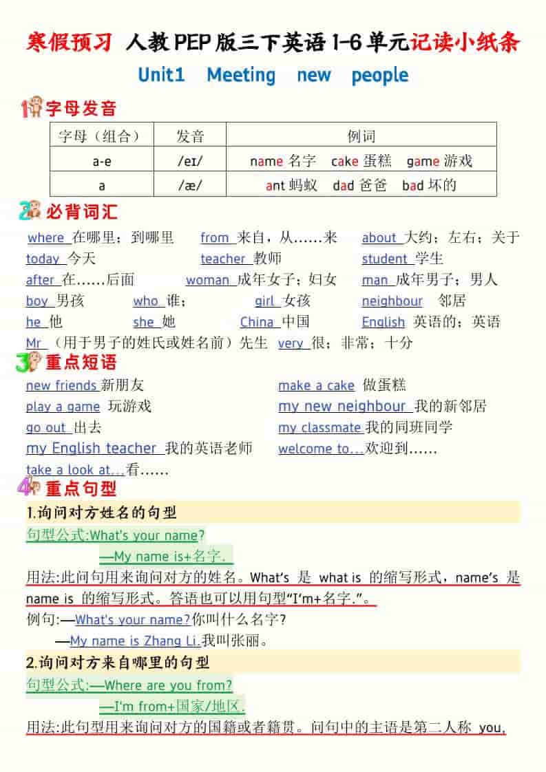 三年级下英语寒假预习1-6单元记读小纸条《人教版PEP》-伏羲SAAS