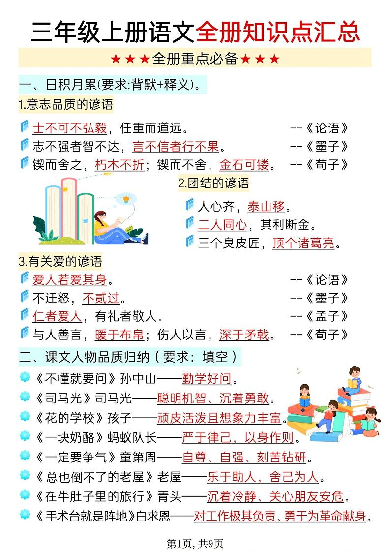 新三上语文全册知识点汇总（9页）-伏羲SAAS