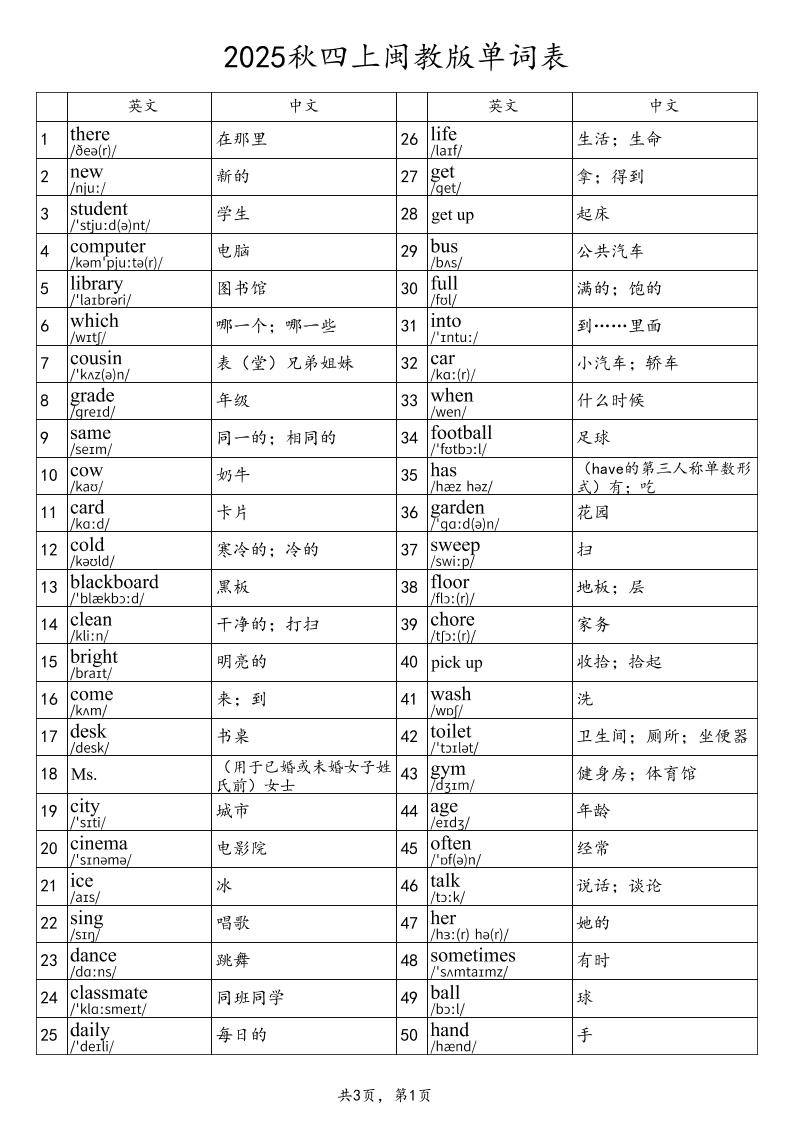 2025秋四上英语闽教版单词表-伏羲SAAS
