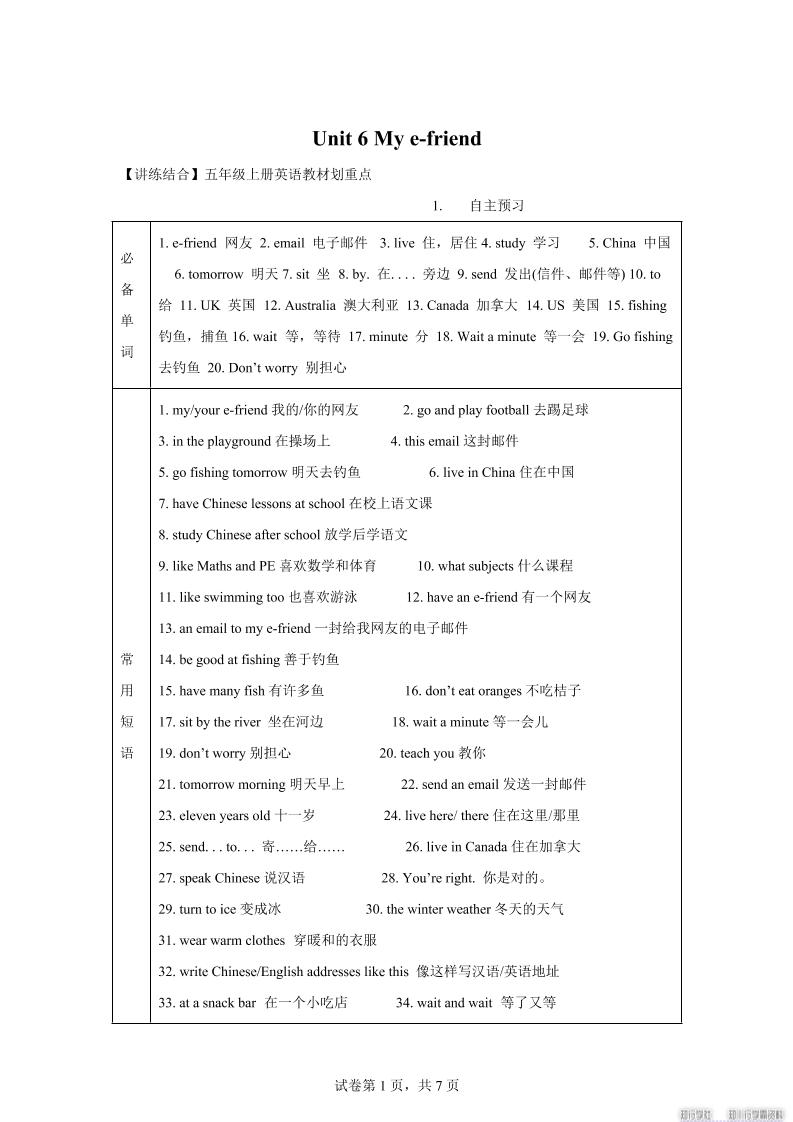 【单元热点难点】译林版（三起）英语五年级上册Unit6Mye-friend教材划重点-伏羲SAAS