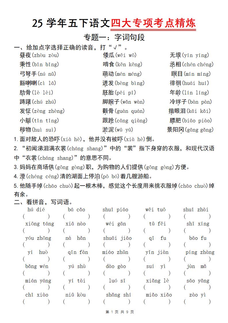 25学年五下语文四大专项考点精炼(专题一:字词句段)-伏羲SAAS