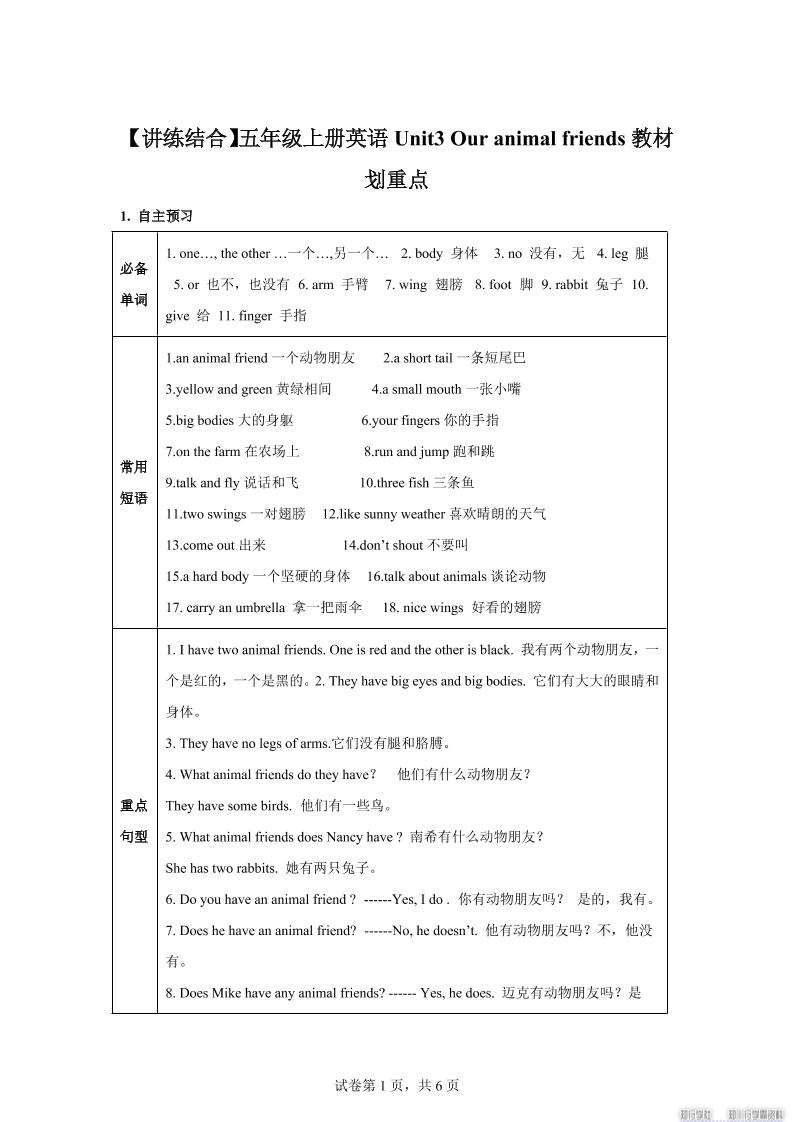 【单元热点难点】译林版（三起）英语五年级上册Unit3Ouranimalfriends教材划重点-伏羲SAAS