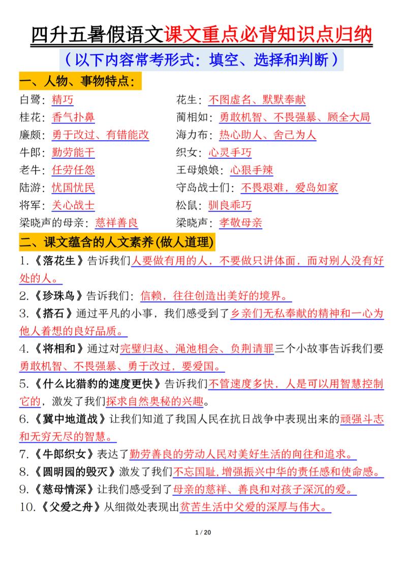 四升五年级暑假语文课文重点必背知识点归纳输出（20页）-五上语文-伏羲SAAS