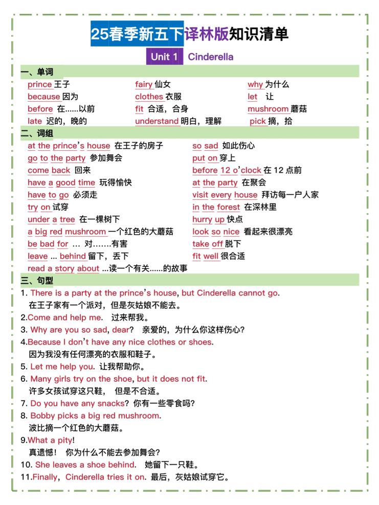 五下译林英语知识清单-伏羲SAAS