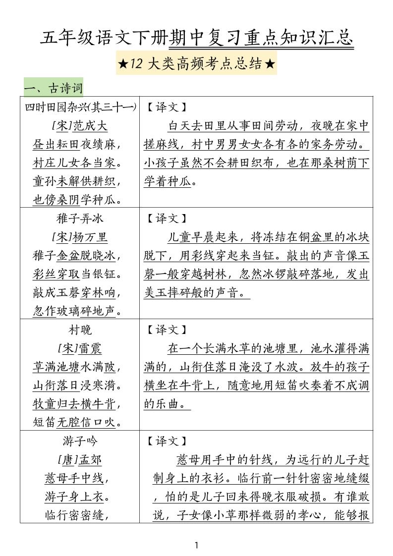 五下语文期中高频考点总结-伏羲SAAS