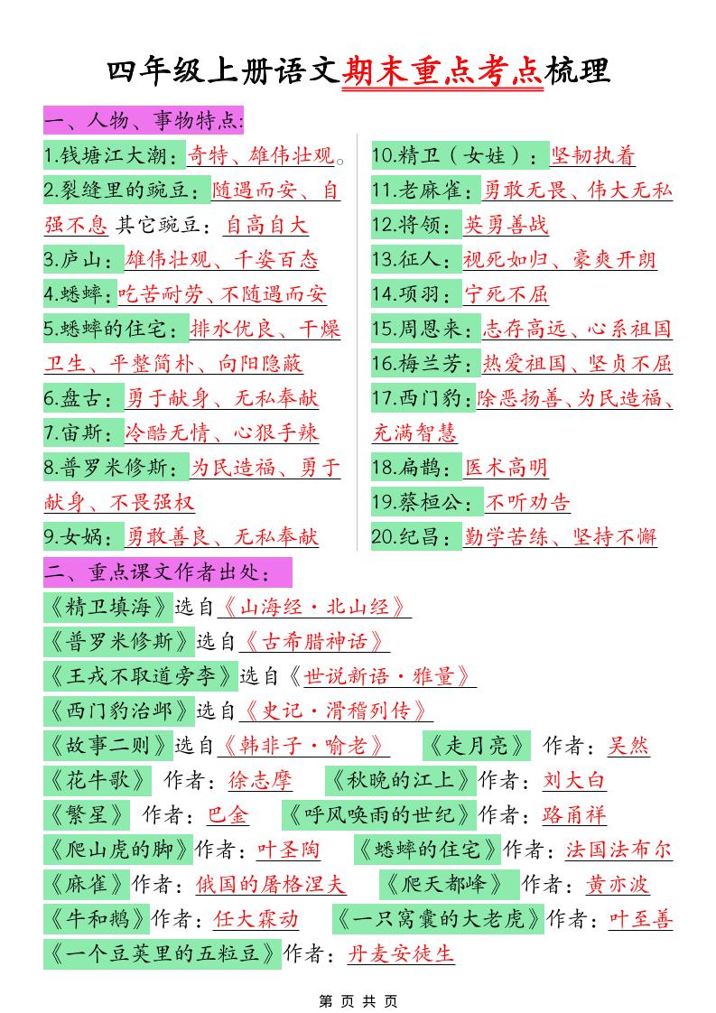 四年级上语文期末重点考点梳理-伏羲SAAS