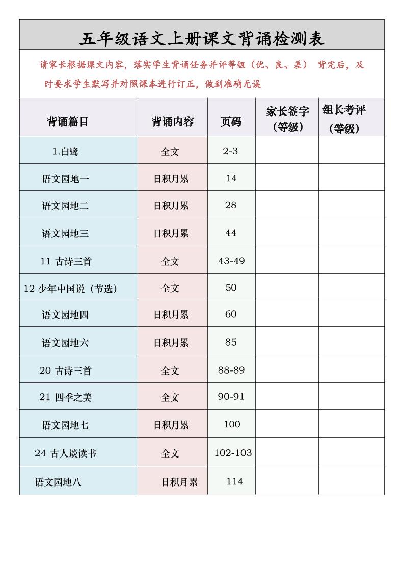 五年级语文上册课文背诵检测表-伏羲SAAS