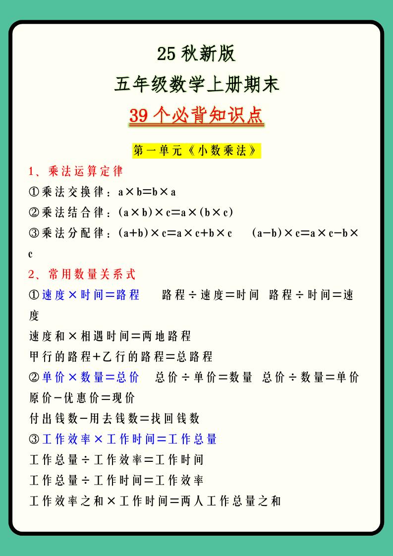 【2025秋新版】五年级数学上册期末39个必背知识点-伏羲SAAS