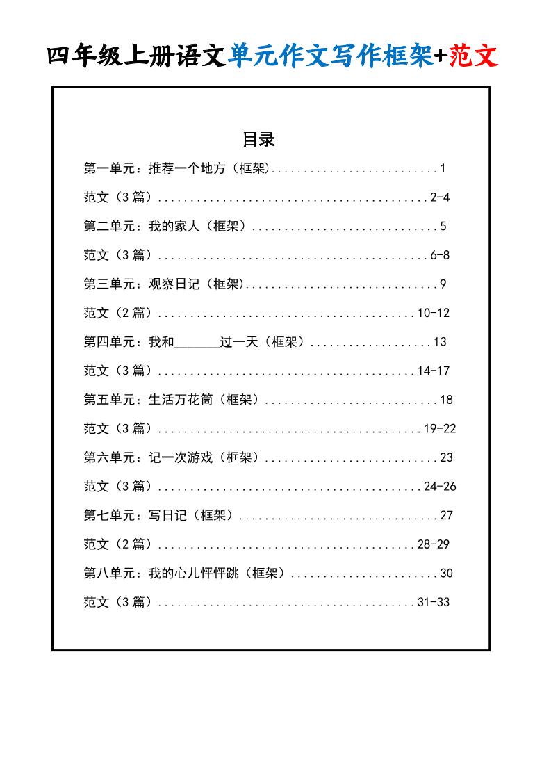 四上语文1-8单元作文写作框架+范文34页-伏羲SAAS