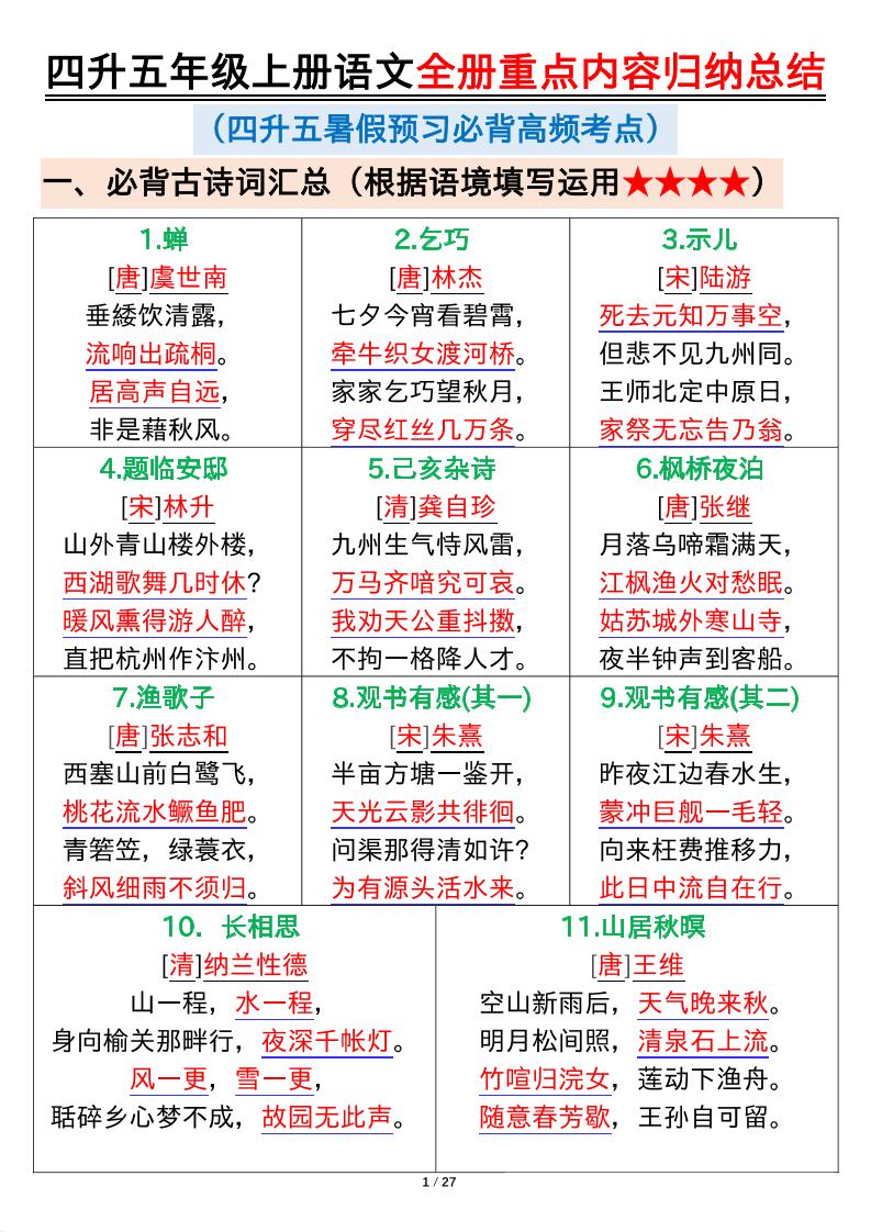 四升五年级上册语文全册重点内容归纳总结输出27页-五上语文-伏羲SAAS