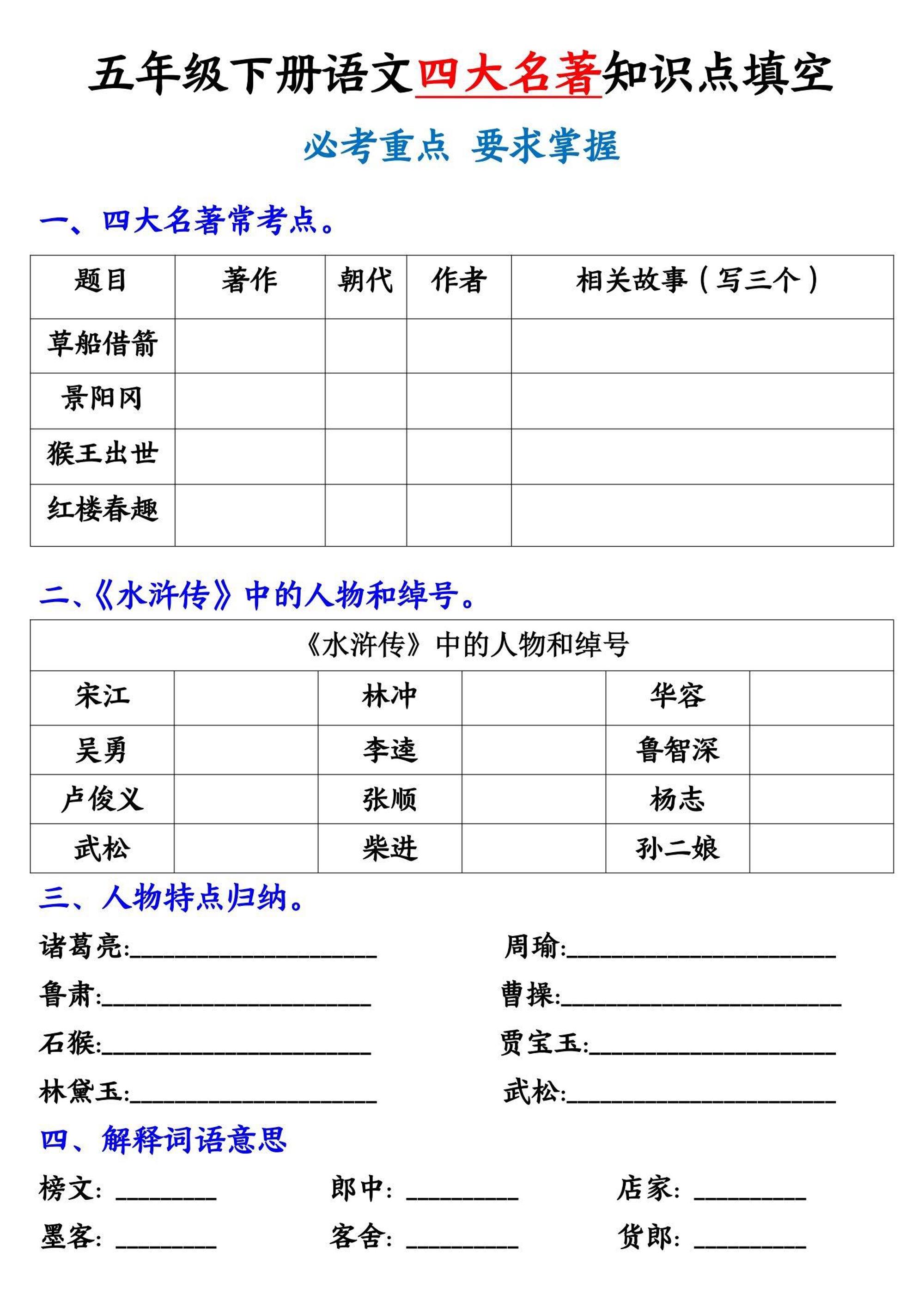 五年级下册语文《四大名著》知识点填空-伏羲SAAS