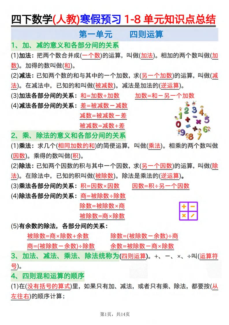 26春四下人教数学寒假预习1-8单元知识点总结14页-伏羲SAAS