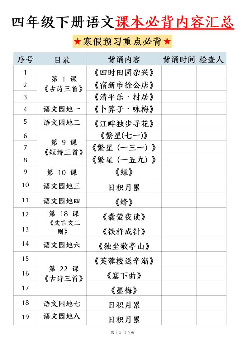 四下语文寒假预习课本必背内容汇总（9页）-伏羲SAAS