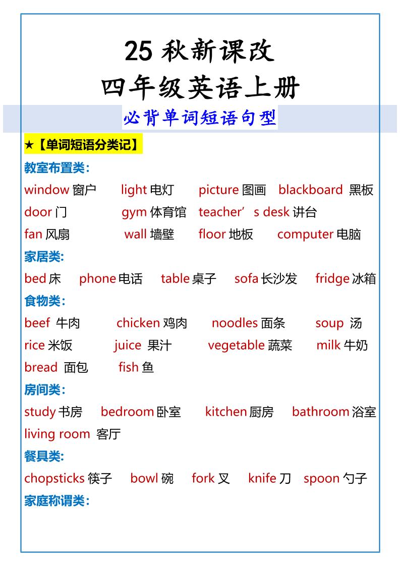 【2025秋新版】四年级英语上册必背单词短语句型-伏羲SAAS