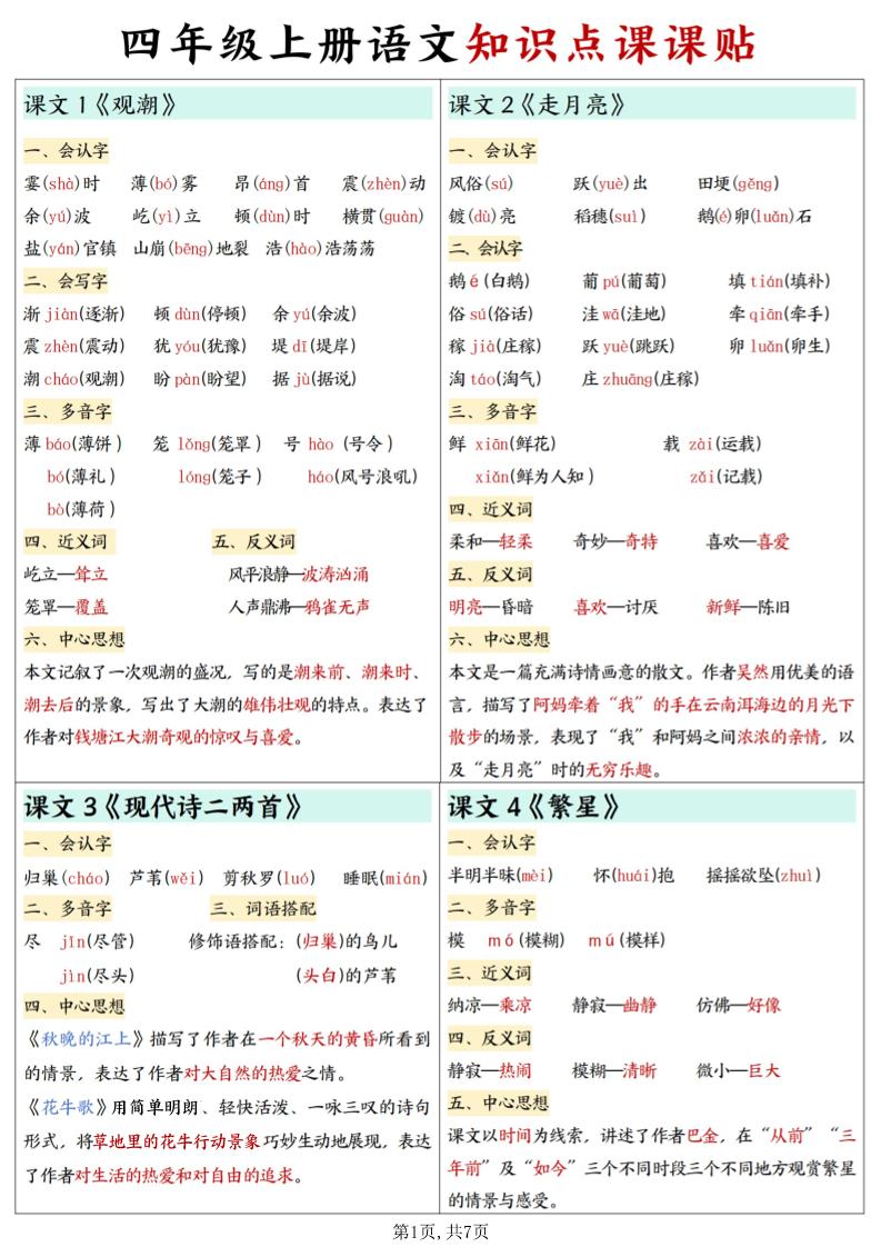 四上语文知识点课课贴7页-伏羲SAAS