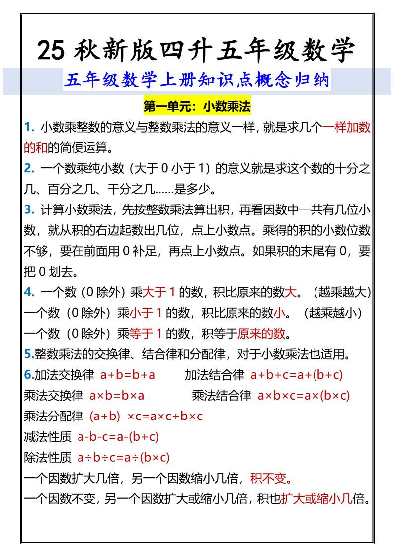 【2025秋新版】五年级数学上册知识点概念归纳-伏羲SAAS