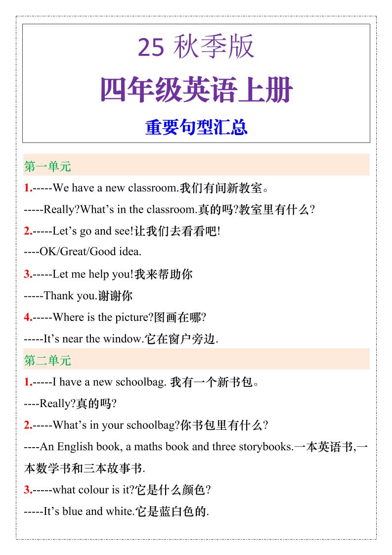 【2025秋新版】四年级英语上册重要句型汇总-伏羲SAAS