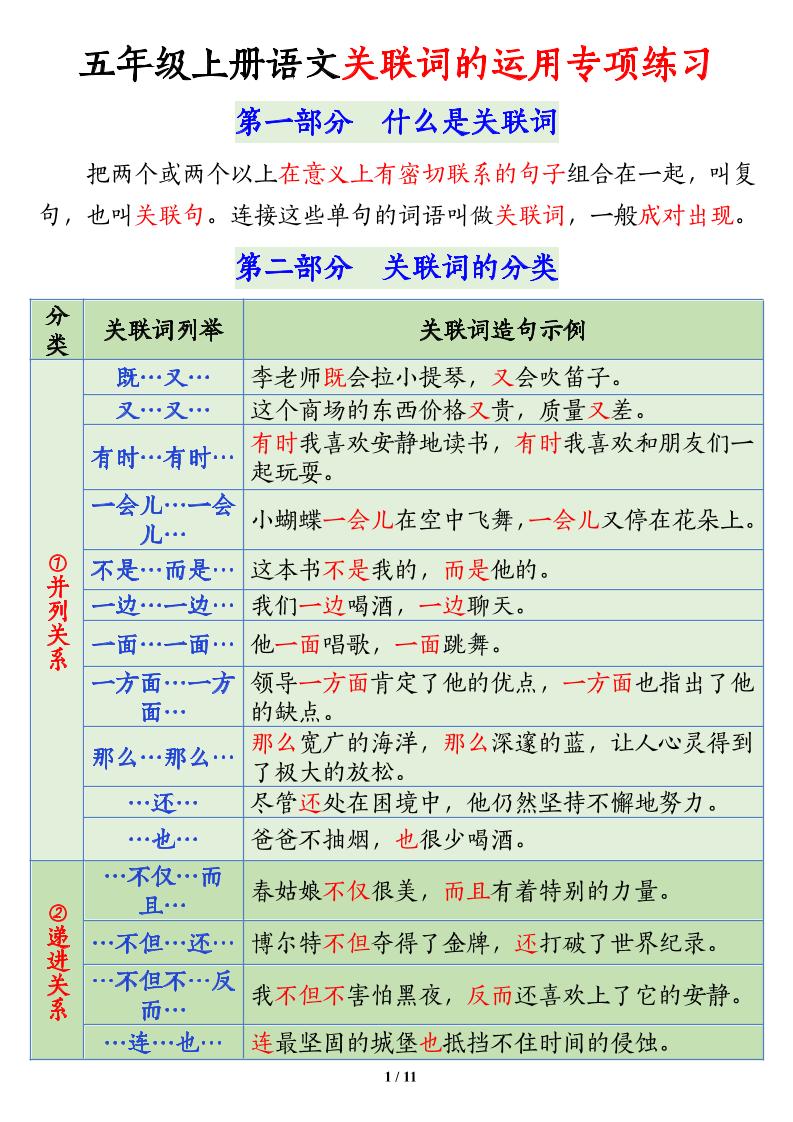 五上语文关联词语的运用专项练习(11页)-伏羲SAAS