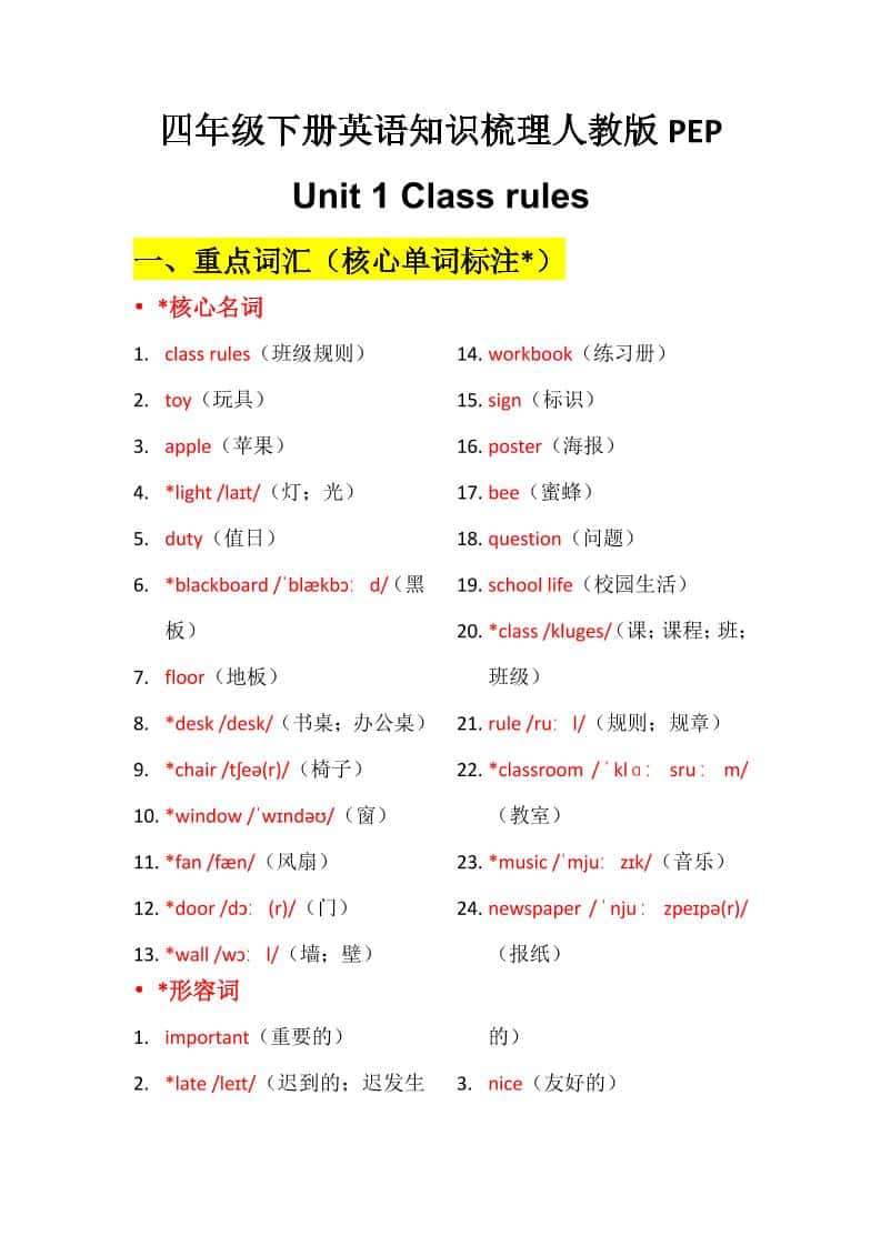 四年级下英语Unit1知识梳理+默写单《人教版PEP》-伏羲SAAS