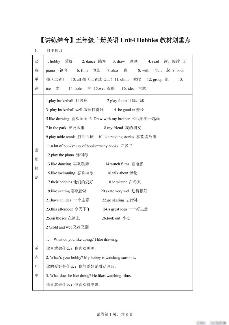 【单元热点难点】译林版（三起）英语五年级上册Unit4Hobbies教材划重点-伏羲SAAS