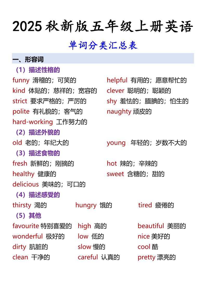 【2025秋新版】五年级上册英语单词分类汇总表-伏羲SAAS