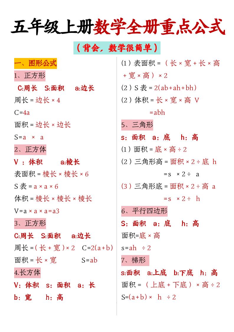 五上数学【全册重点公式】-伏羲SAAS
