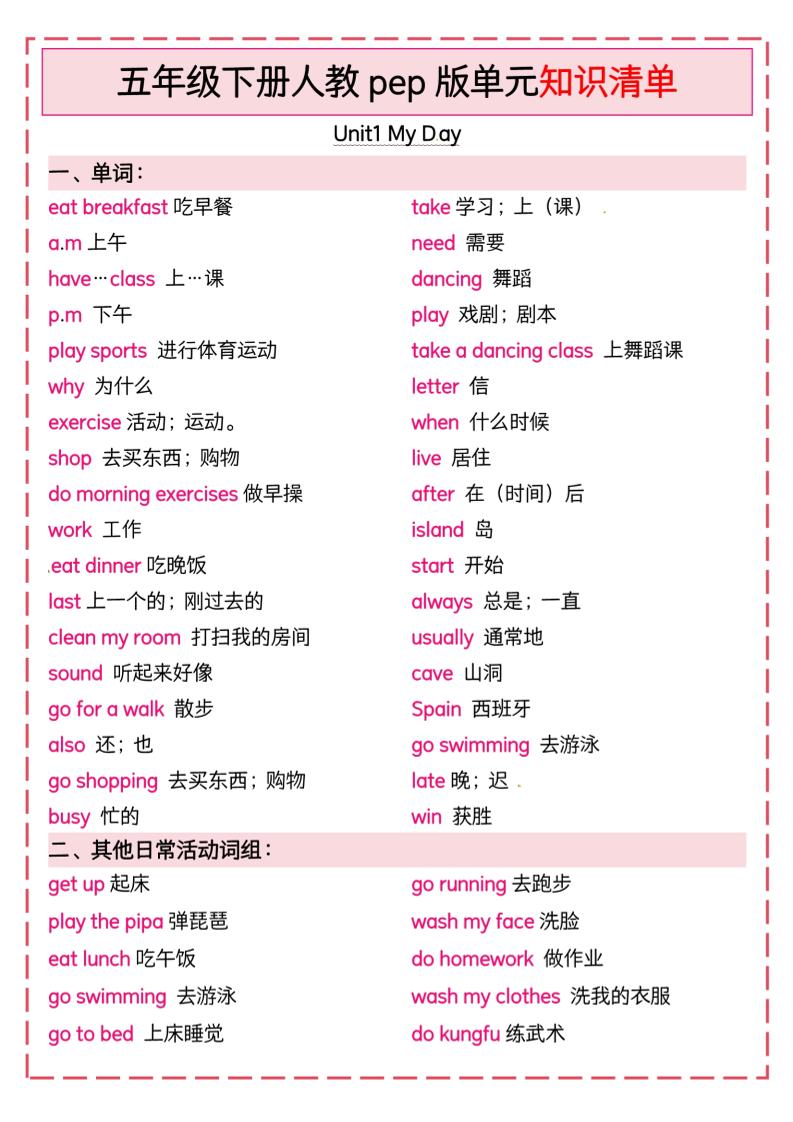 五下英语人教pep版单元知识清单-伏羲SAAS