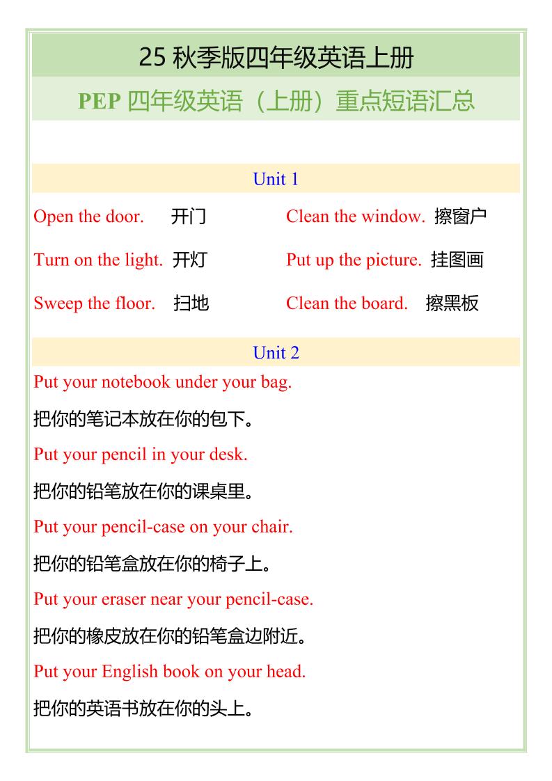 【2025秋新版】四年级英语（上册）重点短语汇总-伏羲SAAS