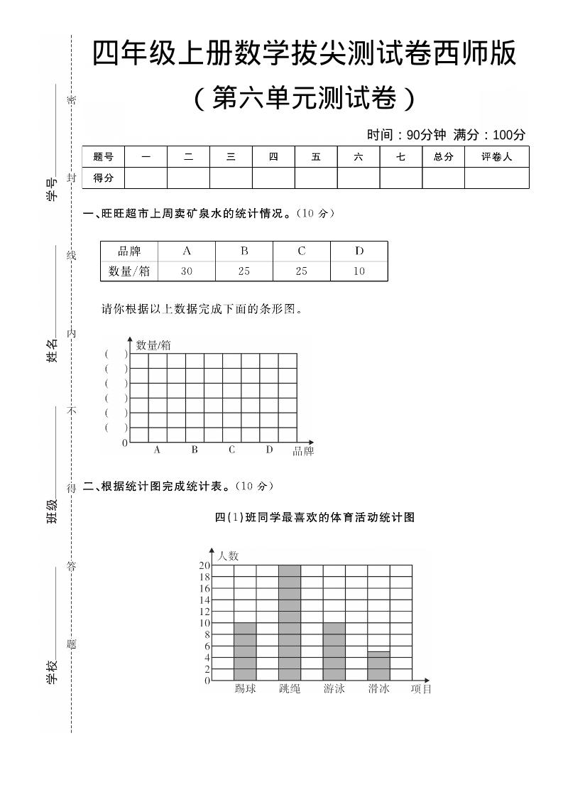 四年级上数学第六单元拔尖测试卷《西师版》-伏羲SAAS