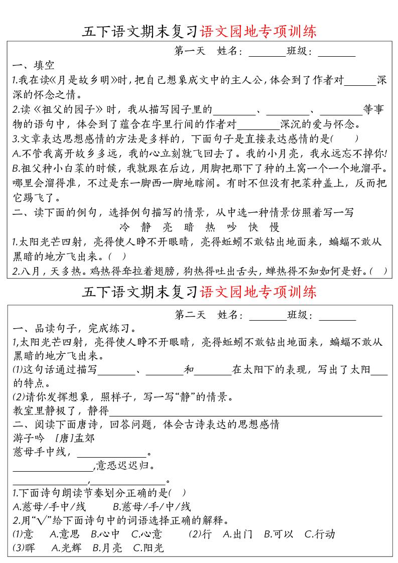 【期末复习语文园地专项训练】五下语文-伏羲SAAS