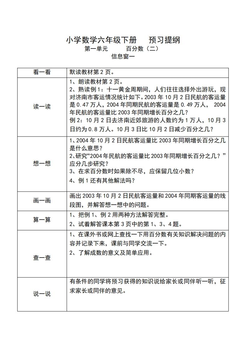 六下人教版数学课前预习单-伏羲SAAS