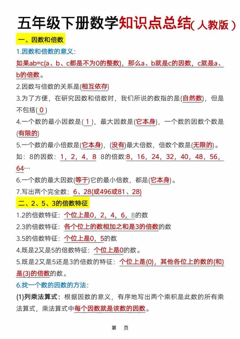五年级下数学知识点总结《人教版》-伏羲SAAS