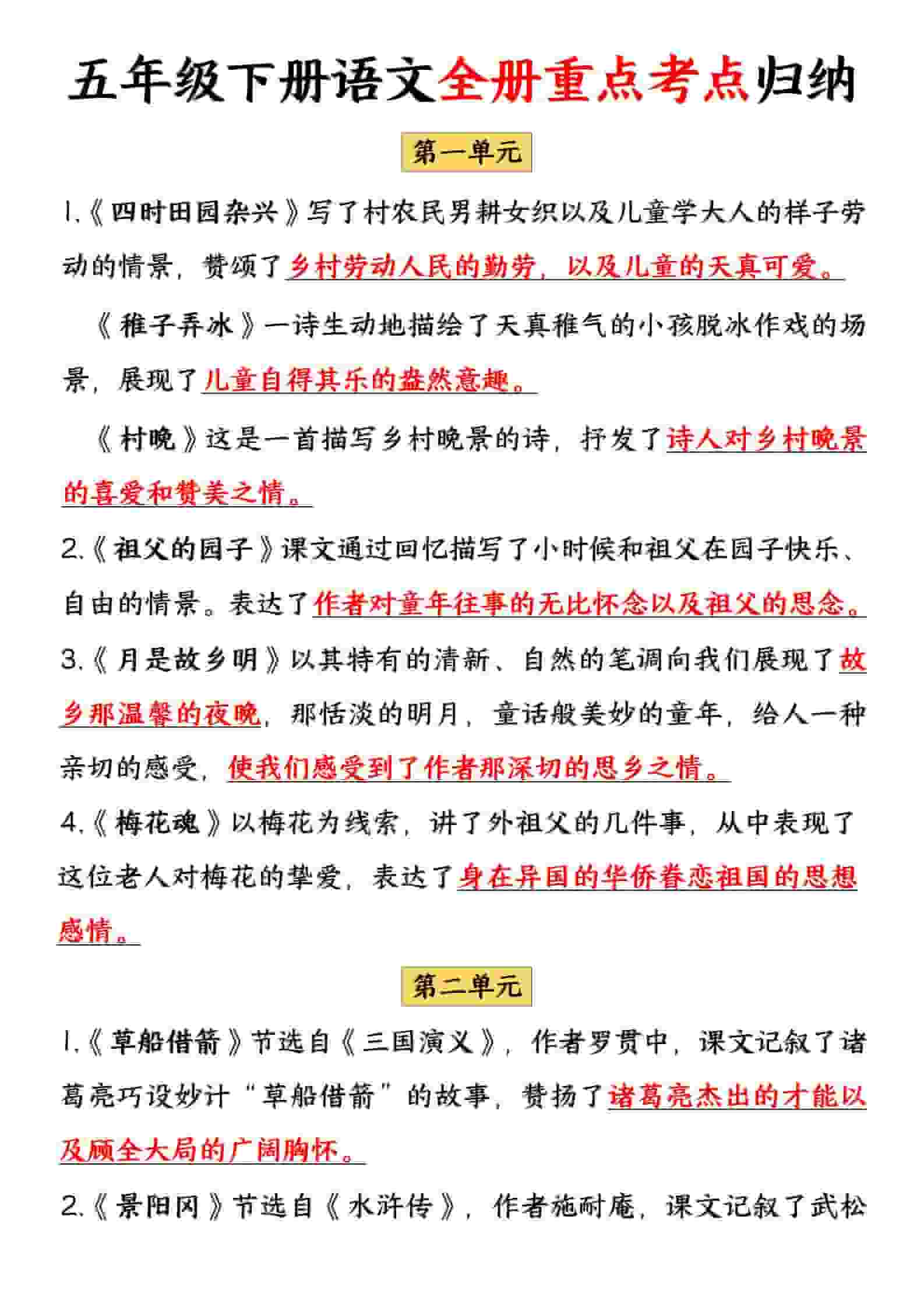 五年级下语文全册重点考点归纳-伏羲SAAS