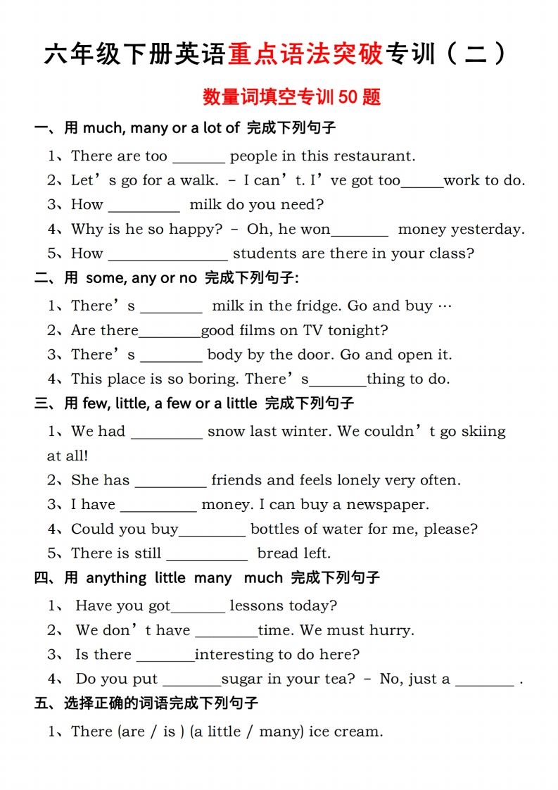 六年级下册人教PEP英语重点语法突破专项训（二）数量词填空-伏羲SAAS