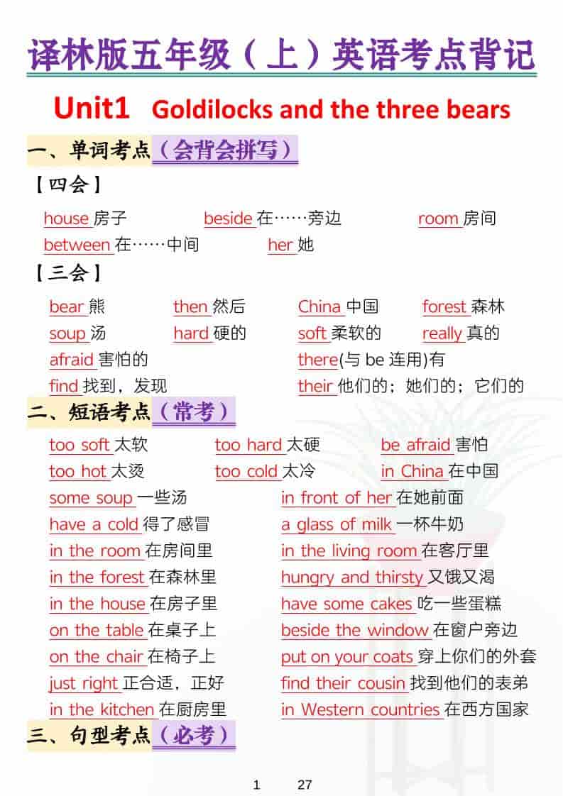 五年级上英语考点背记《译林版》-伏羲SAAS