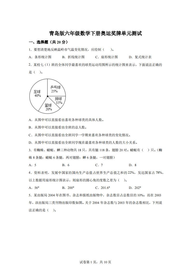青岛63版数学六年级下册第五单元《奥运奖牌——扇形统计图》单元测试卷-伏羲SAAS