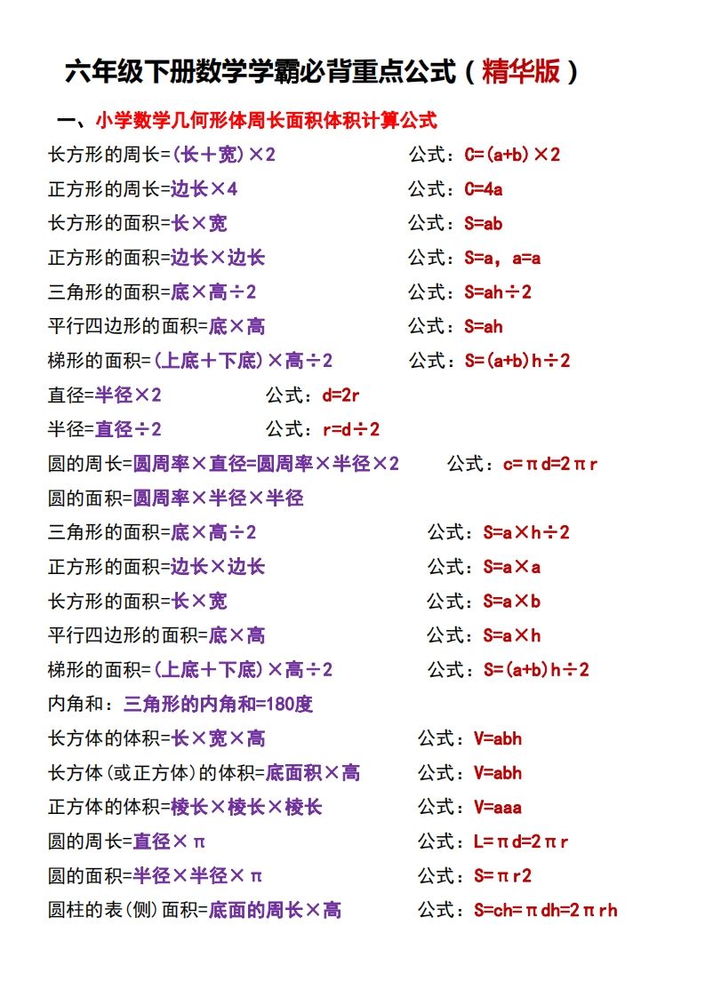 六下数学学霸必背重点公式-伏羲SAAS