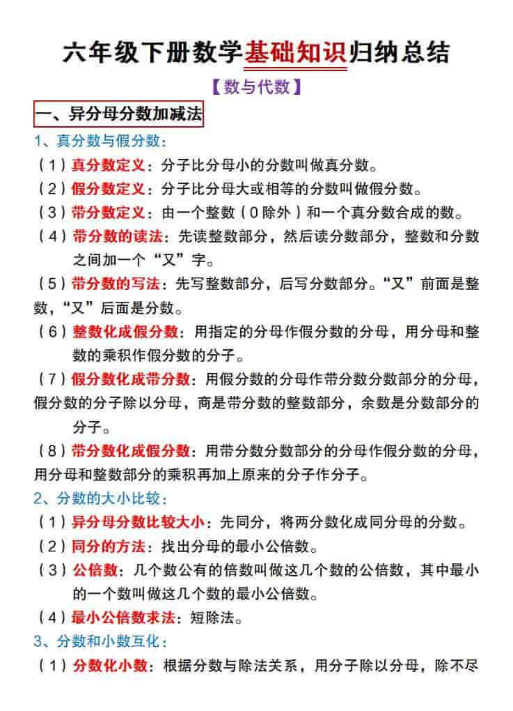 六年级下数学基础知识归纳总结《冀教版》-伏羲SAAS