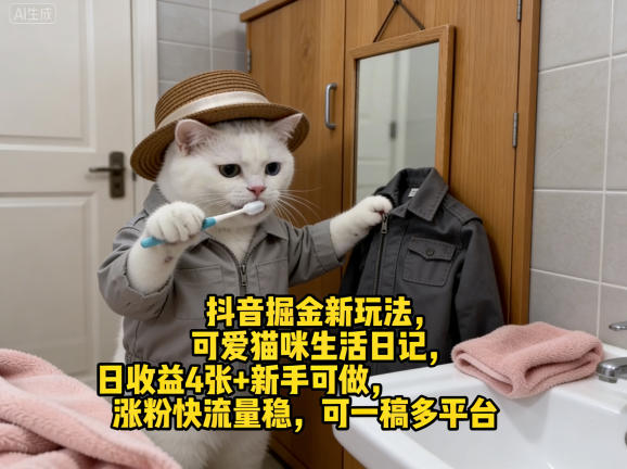 抖音掘金新玩法，可爱猫咪生活日记，日收益4张+新手可做，涨粉快流量稳，可一稿多平台-伏羲SAAS