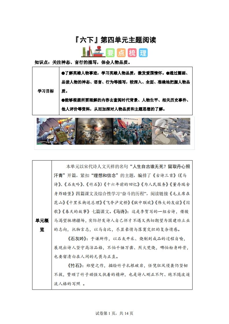 【主题阅读】统编版语文六年级下册第四单元“理想信念”（主题阅读）-伏羲SAAS