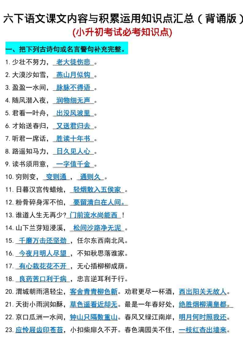 六年级下语文小升初期末必考知识点-伏羲SAAS