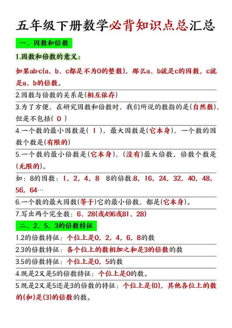 五年级下数学必背知识点总复习汇总《人教版》-伏羲SAAS