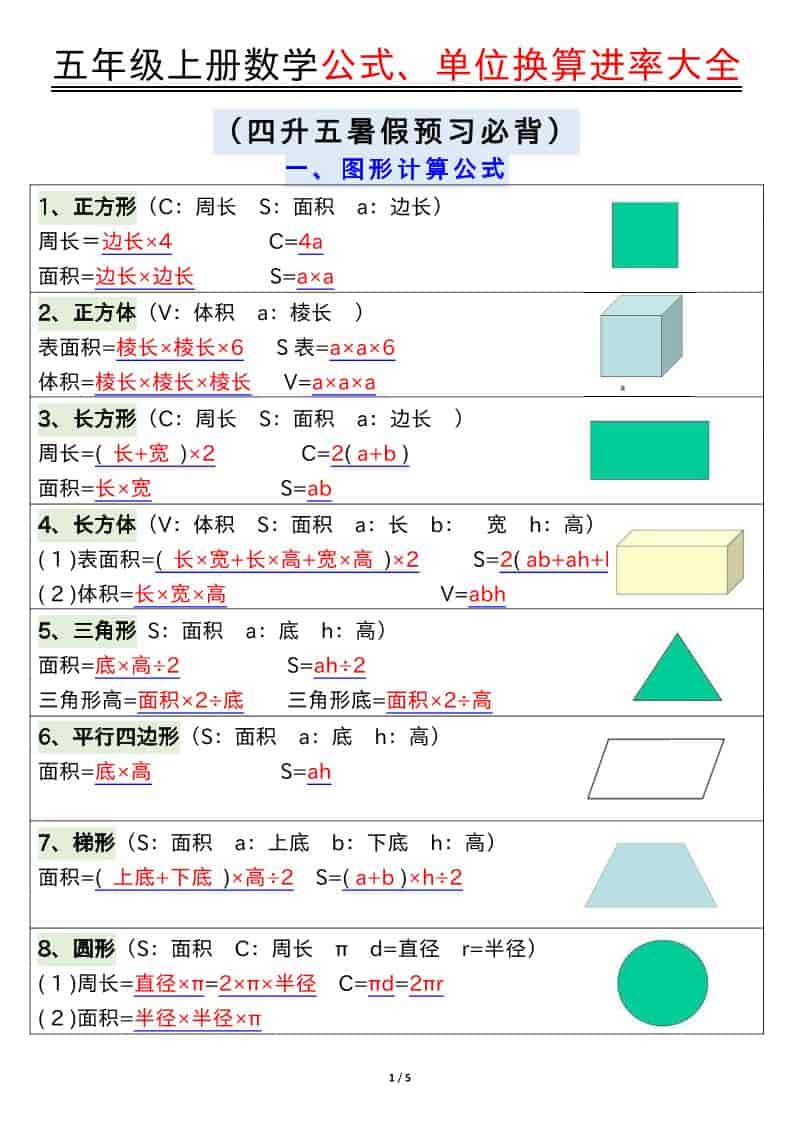 五年级上数学公式、单位换算进率大全-伏羲SAAS
