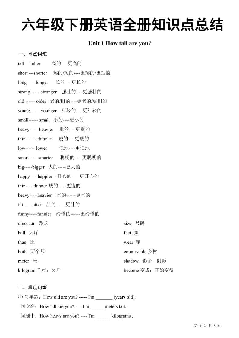 六年级下英语全册知识总结《人教版PEP》-伏羲SAAS