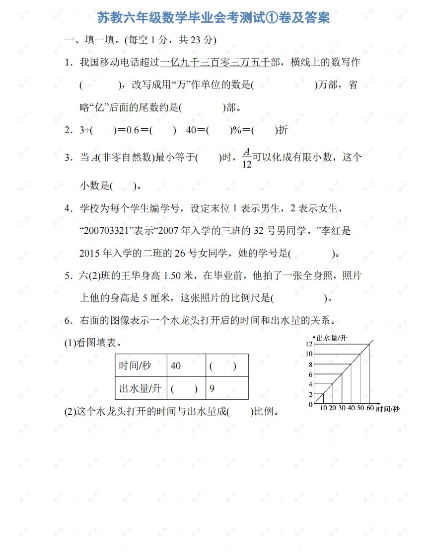 苏教六年级数学下册期末测试①卷及答案-伏羲SAAS