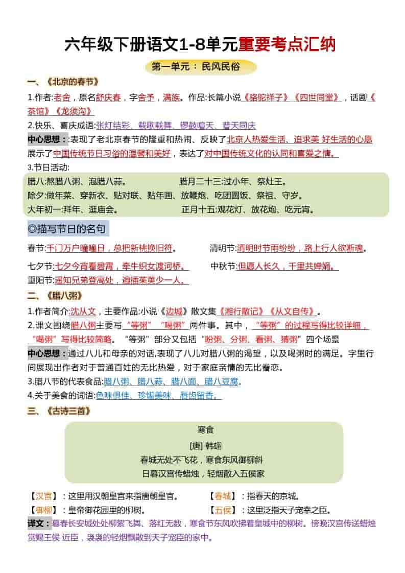 六年级下语文1-8单元重要考点汇总-伏羲SAAS