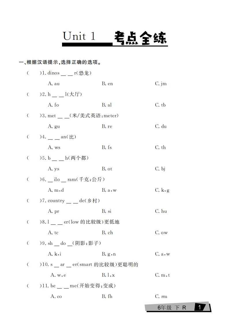 六下英语复习《考点全练》人教PEP版-伏羲SAAS